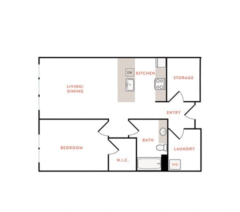 Floor plan for 1 bed, 1 bath, 817 sqft